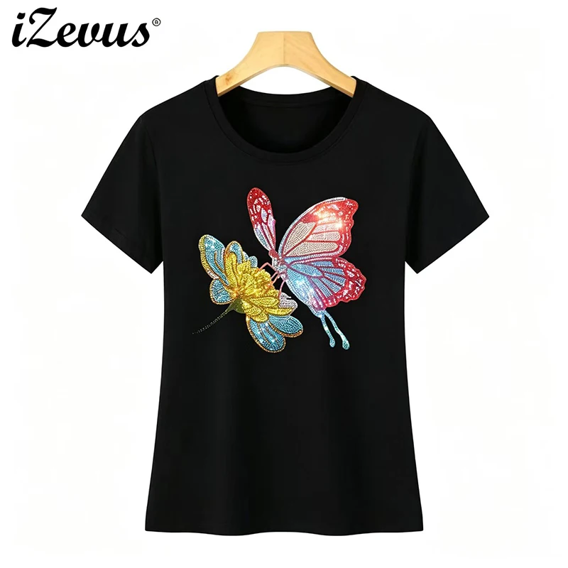 Fashionable rhinestone rhinestone butterfly and women's summer casual short-sleeved pure cotton casual T-shirt