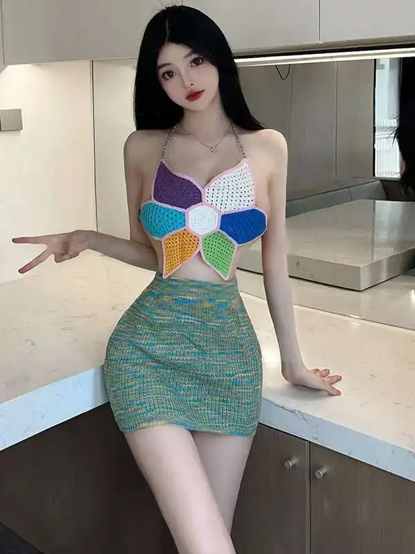 الخامس الرقبة فستان قصير الساخن مثير المرأة الكورية عارية الذراعين سترة مثير المرأة موحدة إغراء فستان أنيق الحلو زهرة تانك القمم 4PVP #5