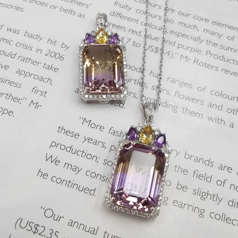 SACEGEMS Luxury 13*18mm Natual Ametrine Pendant 925 Sterling Silver Pendant Necklace for Women Everyday Party Fine Jewelry Gift