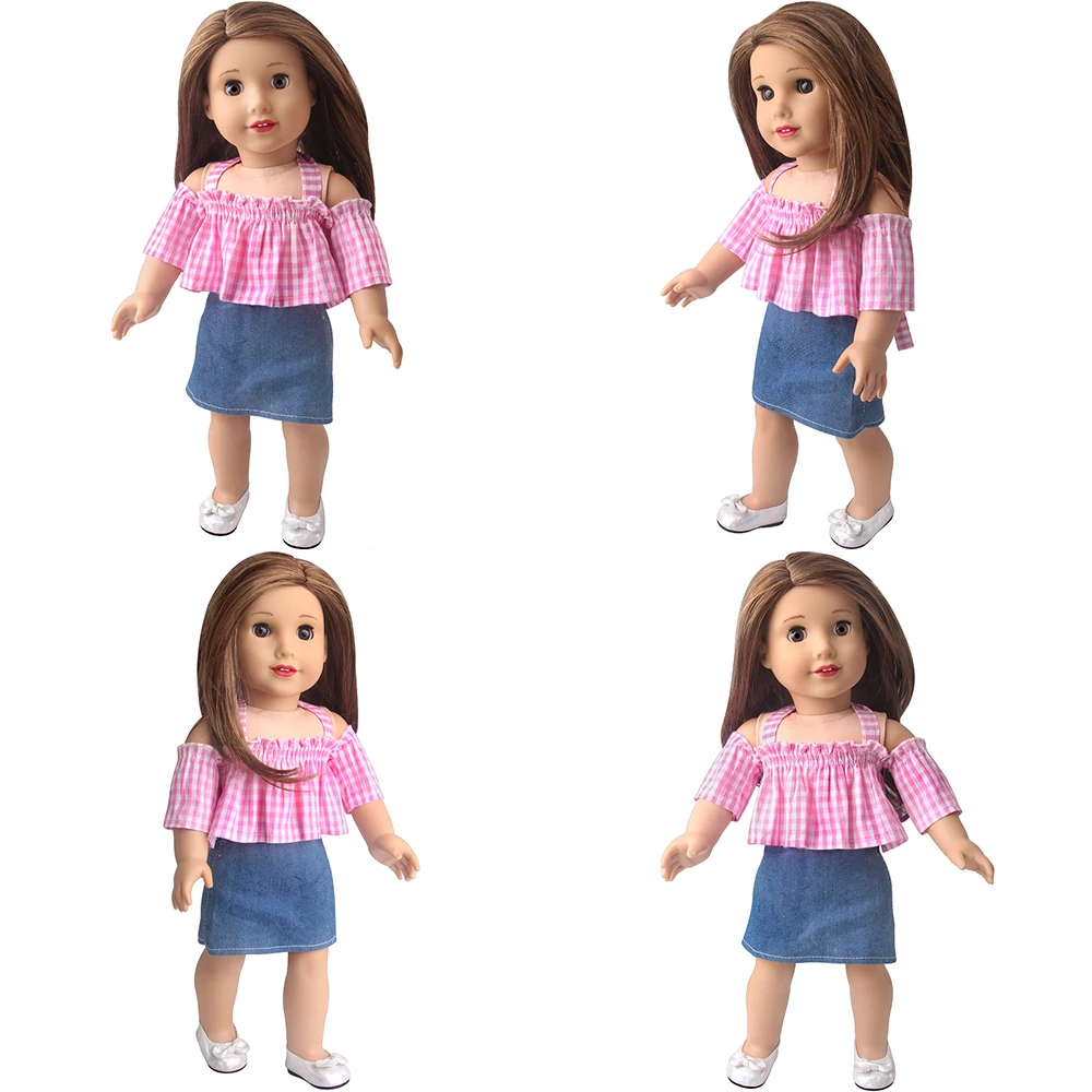 18 inch Girl Doll Pink Checkered Suspender Blue A-Line Denim Skirt Summer Cool Classic Matching Doll Beach Matching Accessories