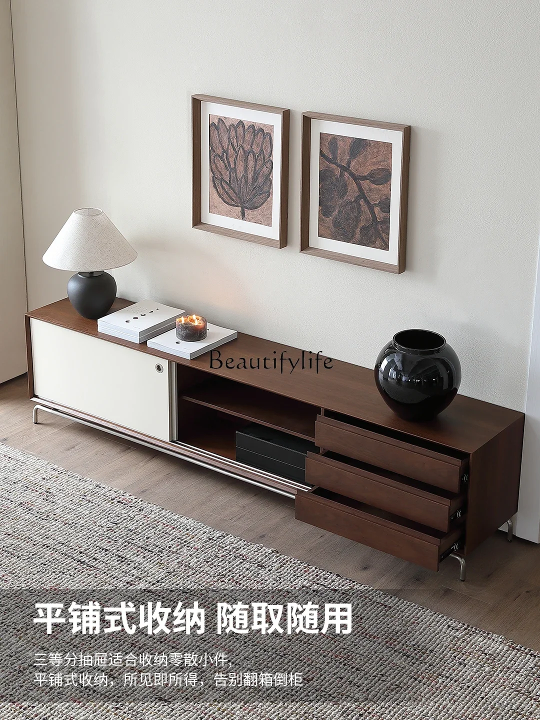 

yj32 Medieval solid wood TV cabinet high-footed living room 2025 new retro walnut floor cabinet