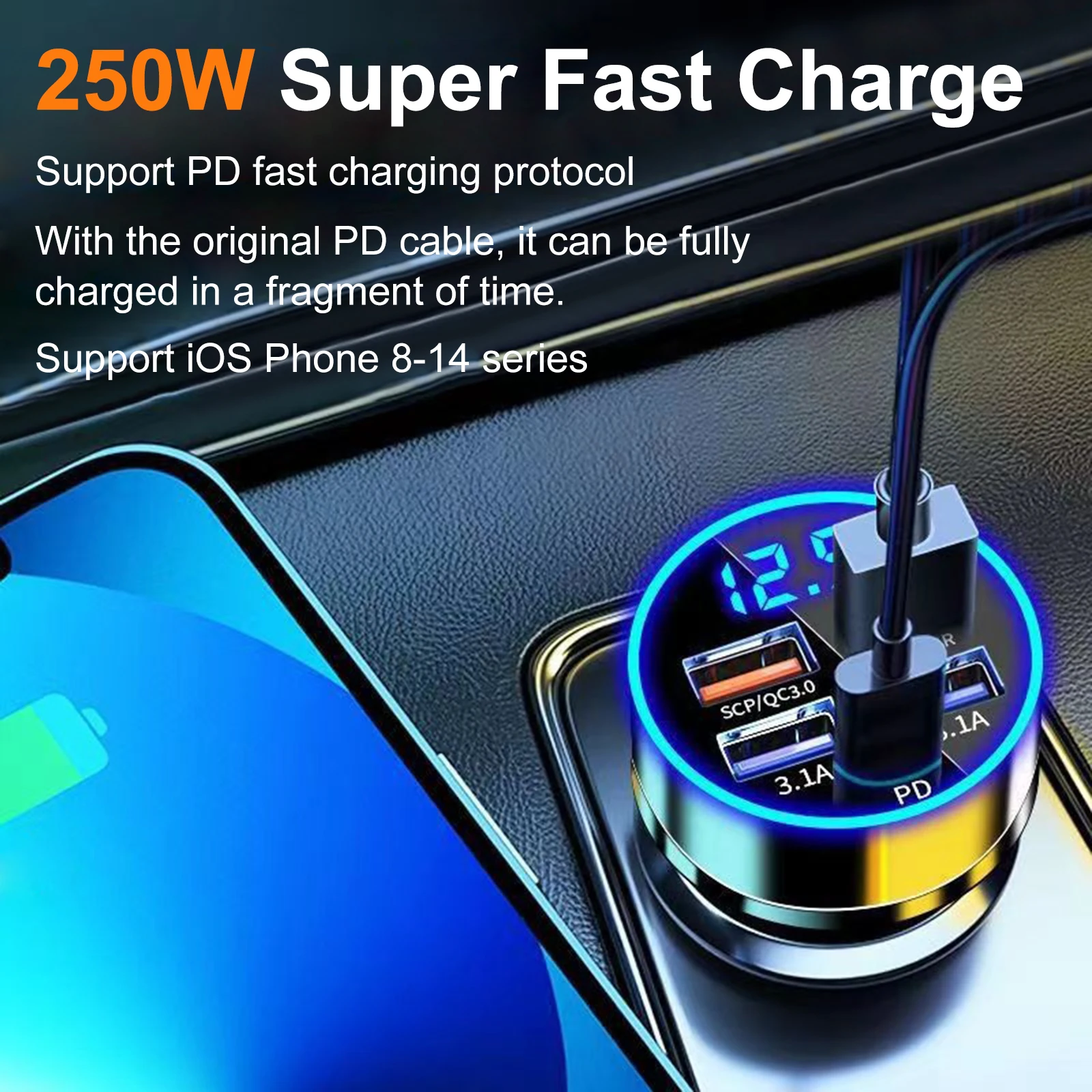 5 Ports LED Car Charger 250W Fast Charging Adapter Type C PD Mini Car Phone Charger For iphone Samsung Huawei Xiaomi