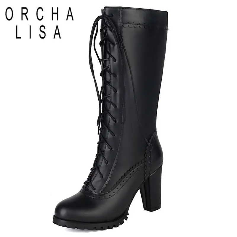 

ORCHA LISA 2025 Сладкие женские сапоги до середины икры с круглым носком на блочном каблуке 8,5 см на молнии на шнуровке Большой размер 45 46 47 48 Fashion Dating Bota