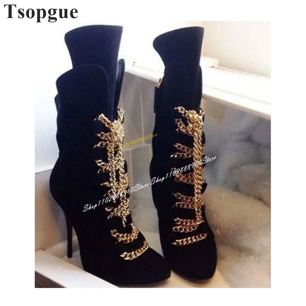 

Sexy Beveled Black Flock Gold Chain Ankle Boots Thin High Heel Women Shoes Side Zipper Pointed Toe Gorgeous Stylish Women Boots