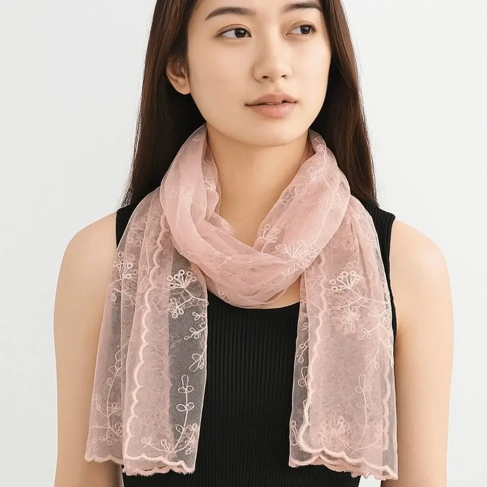 Sweet Breathable Spring Silk Scarf Polyester Quick-drying Lace Thin Headscarf Sunscreen Silk Embroidered Flower Shawl Summer