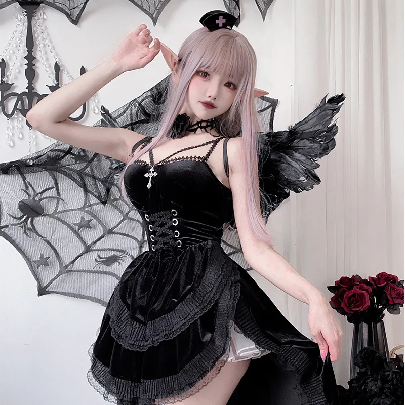 

Gothic Dark Style Halloween Adult Black Dress Performance Costume Women Witch Bride Elegant Unique Female Fashion