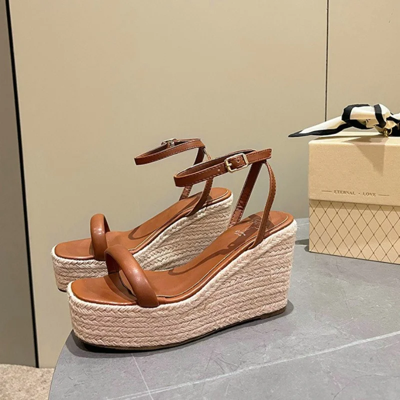 2024 Summer New Buckle Square Head Hemp Wedge Sandals Thin Belt Braided Platform High Heel Shoes For Women