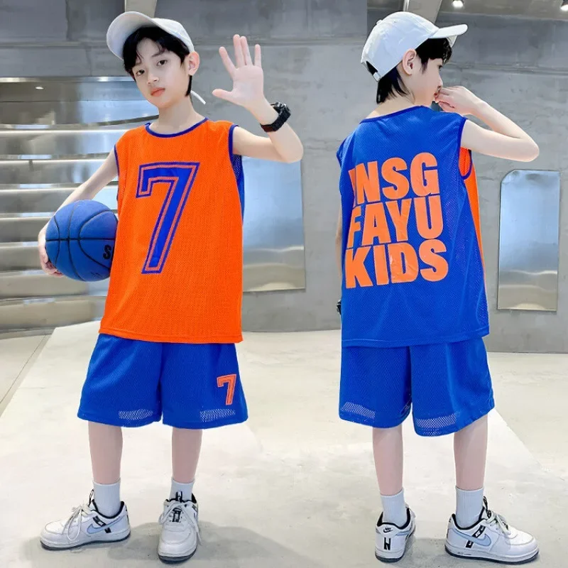 Boys Teenagers Summer Suit Sleeveless Printed loose Three-quarter Pants Two-piece Set for Outer Wear Casual Sports Style