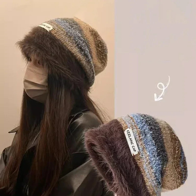 Colorful Plush Women Winter Hat Knitted Warm Baggy Beanie Outdoor Windproof Ladies Girls Ear Protection Cap