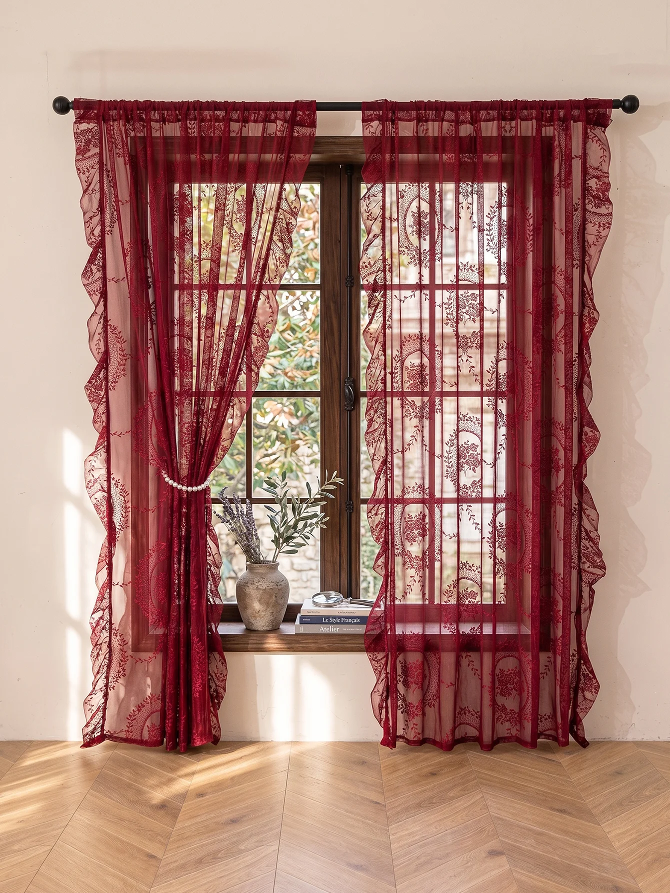 Burgundy Vintage Lace Sheer Curtains, Floral Embroidered Ruffled Voile Drapes For Living Room