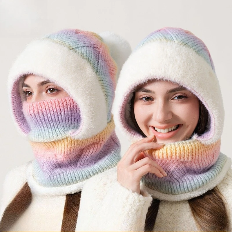 Fashion New Gradual Change Color Rhombus Knitted Hat Scarf Mask One-piece Hat Women's Winter Versatile New Thickened Wool Hat