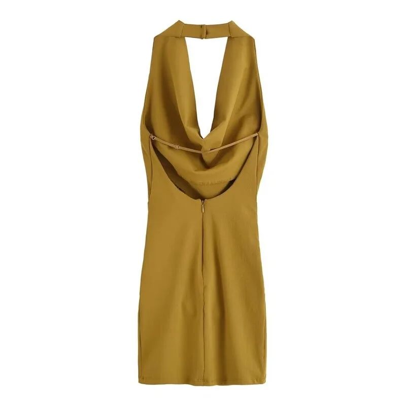 2025年夏新作 レディースワンピース クランプル ホルターネック ノースリーブ バックレス ショート丈 エレガントスタイル