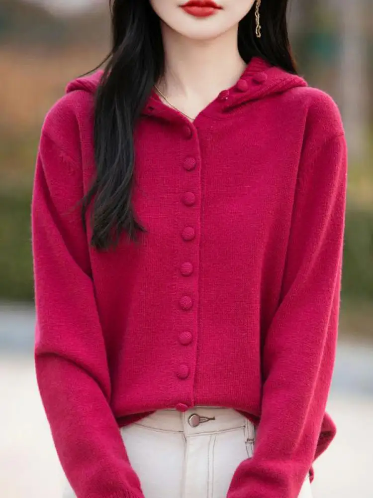 Korean New Autumn Winter Solid Single Breasted Hooded Cardigan Short Sweaters Women's Long Sleeved Warm Knitted Tops Streetwear