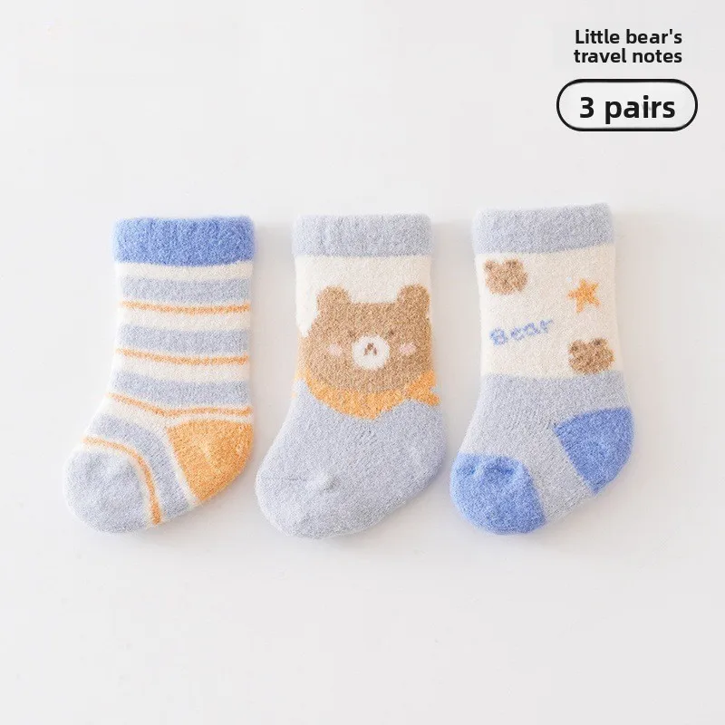3 Pairs Newborn Mid-Crew Socks Winter Thick Warm Thermal Floor Socks for Babies Infants Boys Girls Autumn Winter Non-Slip