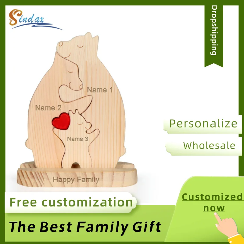 Free Engraving DIY Bear Family Wooden Puzzle Personalized Custom Desk Decor Christmas Birthday Gift Home Decoration Figurines