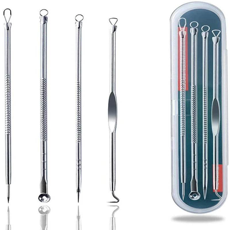 Kit 4 Peças Prata para Remoção de Cravos, Espinhas e Manchas - Ferramenta de Limpeza de Poros para Tratamento de Acne e Cuidados com a Pele Feminina