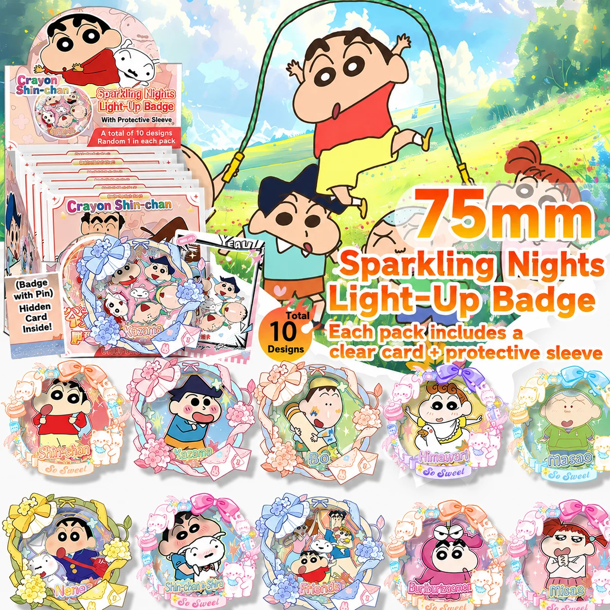 Figura de Crayon Shin-chan de edición limitada, mercancía de cómics japoneses, insignia luminosa, láser de doble destello, broche Valley Rice