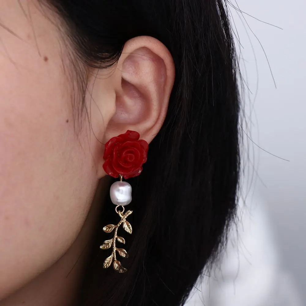 Korean Sweet Red Rose Flower Stud Earrings Elegant Hollow Drop Dangle Earrings For Women Pearl Asymmetric Earrings Girls Party