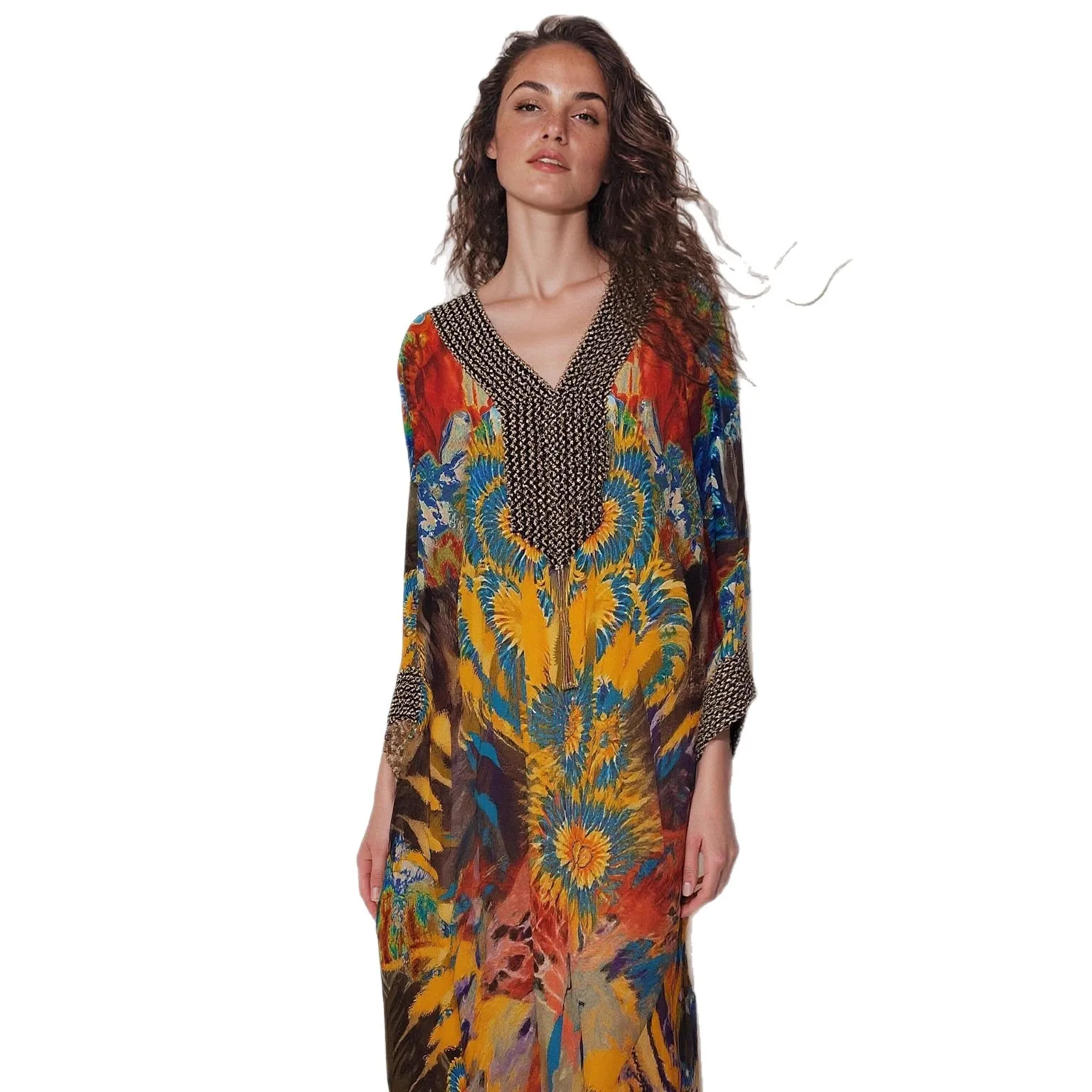 

Свободная лента с открытыми плечами, кафтан со стразами и кисточками, платок, кафтан из искусственного шелка, двусторонний кафтан с принтом, длинный африканский халат