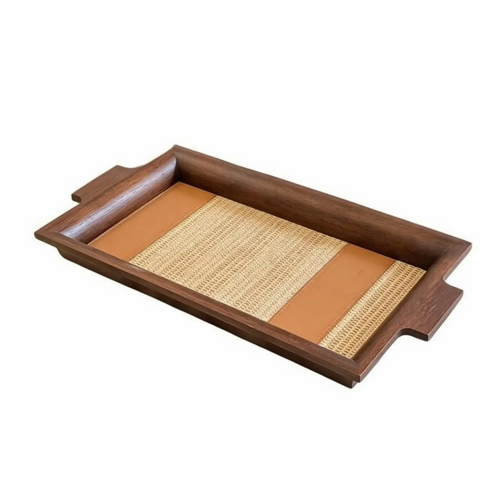 Solid Wood Decorative Serving Tray with Handle for Coffee Table Dining Room Organizer Rustic Handmade Woven Insert