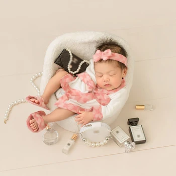 Niemowlęta dziewczynki szlafrok noworodek fotografia Spa kostium kokardka Tiara kapcie 4 sztuk/zestaw naszyjnik Studio fotografowania dekoracyjne rekwizyty