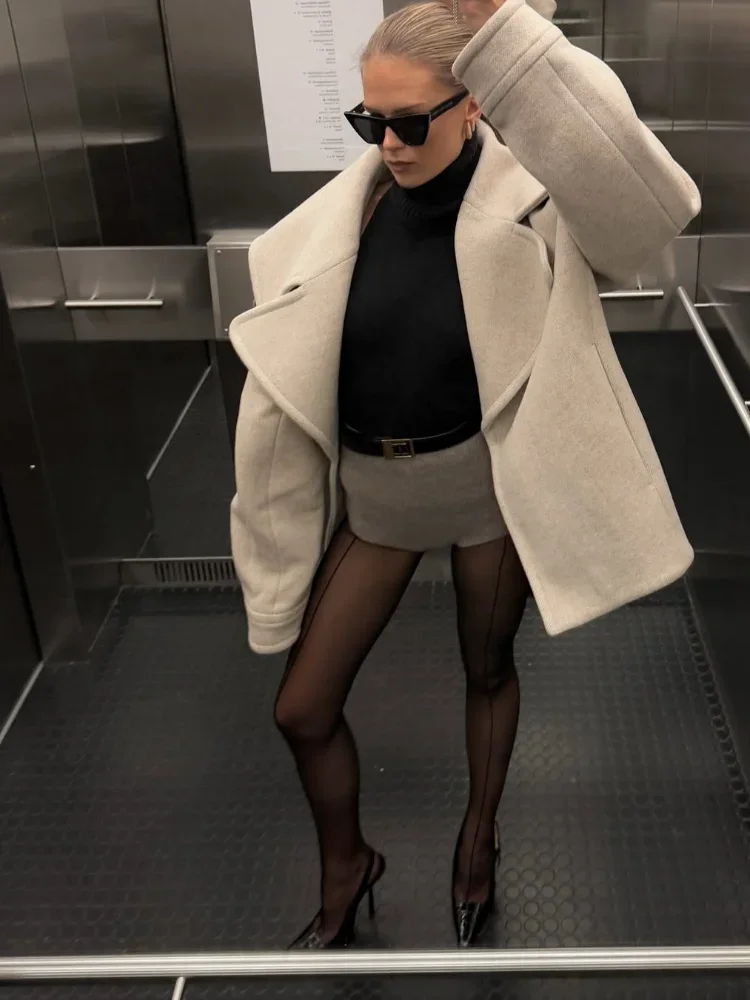 Oversized Big Lapel Wool Blend Coat Single Breasted Loose Drop Shoulder Elegant Long Sleeve Short New Autumn Outerwear 2026