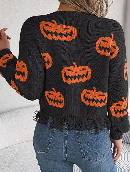 

Halloween New V-Neck Pumpkin Embroidered Short Knitted Sweater for Women, Elegant and Casual with Grinding Edge Design Sweater
