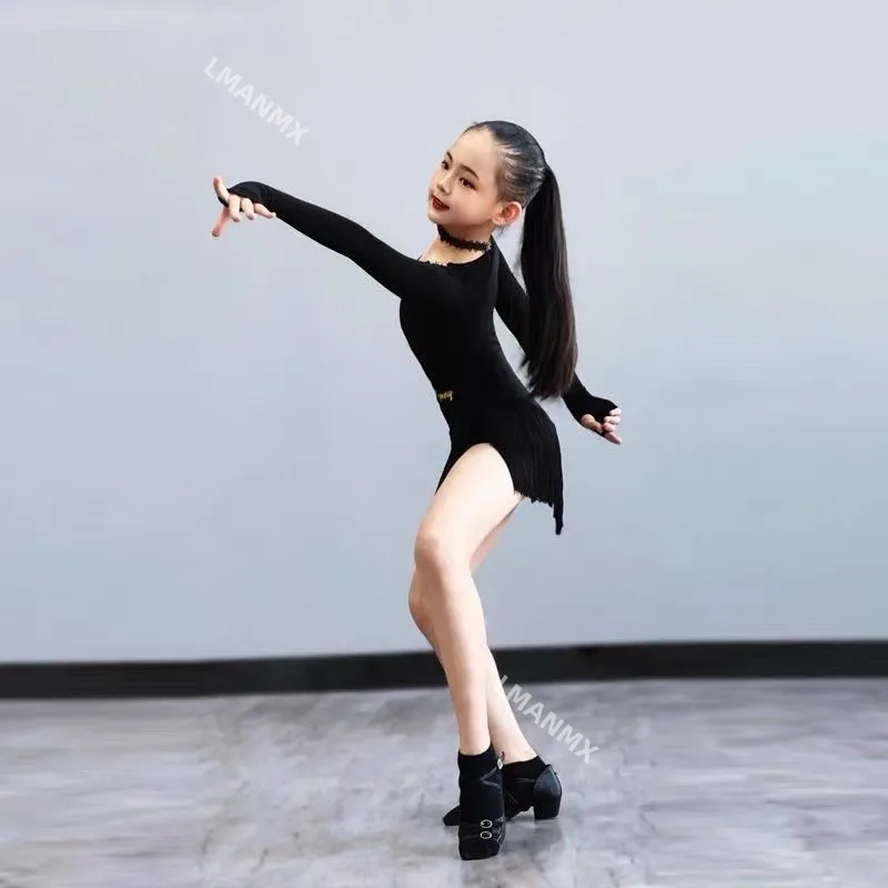 ラテンダンス衣装、女性ダンストレーニングスキルジャンプスーツ、長袖タッセルスカート、子供用黒クラスセット