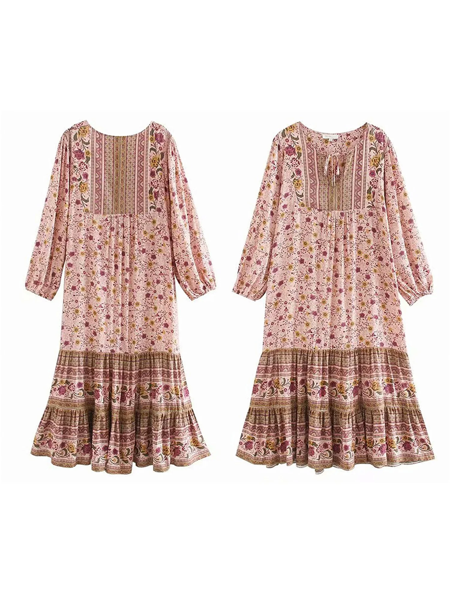 Bohemian Style Maxi Dress with Vintage Floral Print Long Puff Sleeves V-Neckline and Flowy A-Line Silhouette Perfect for