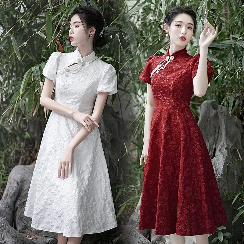 

FZSLCYIYI Traditional Chinese Bride Bridesmaid Mandarin Collar Qipao Puff Sleeve A-Line Cheongsam Daily Evening Dress