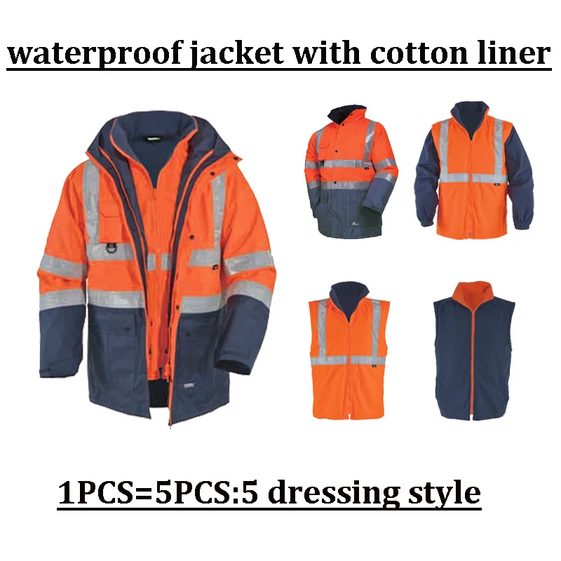 Two Tone Hi Vis Workwear Reflective Jacket Waterproof Jacket Men Winter Thermal Windproof Warm-up Coat 5 in 1 Clothes