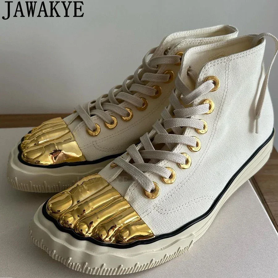 New 2024 High Top White Canvas Shoes Lace Up Flat Sneakers Women Split Gold Toe Trendy Leisure Trainer Walk Shoes