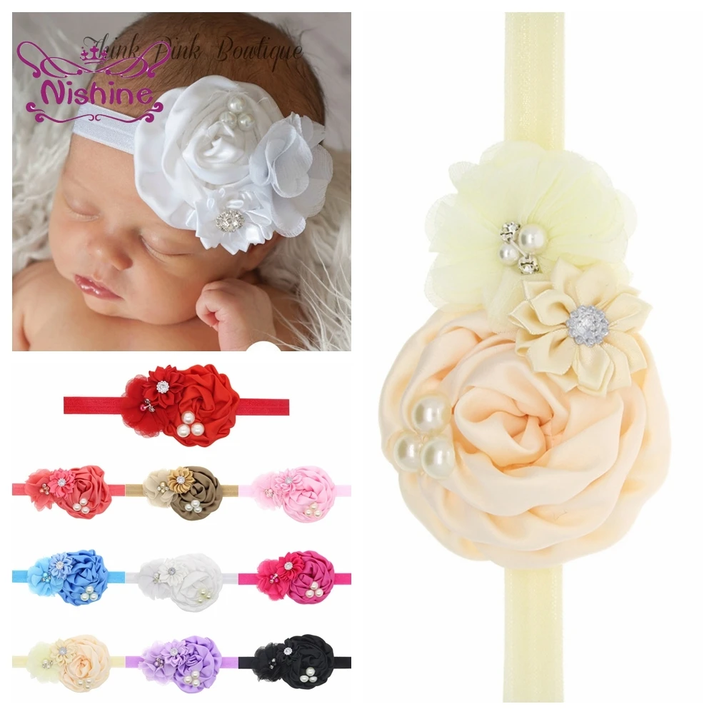 1PCS Elastic Baby Girls Rose Flower Headband Chiffon Ribbon Floral with Pearl Newborn Infant Kids Hair Accessories Gifts