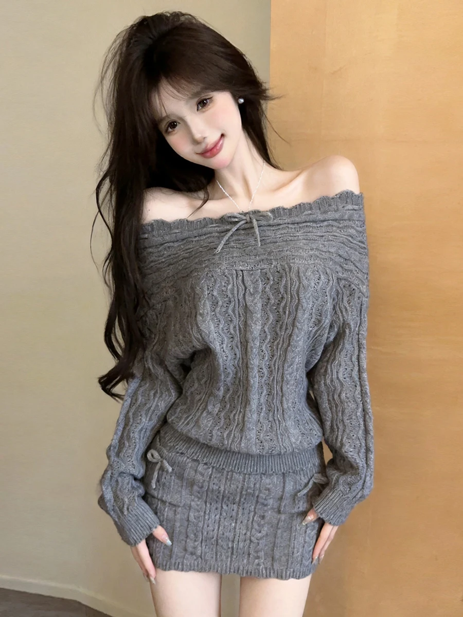 Loose Knitted Hollow out Sweater Set with Braided One Shoulder Design Casual Style Women's Fashion Autumn Collection