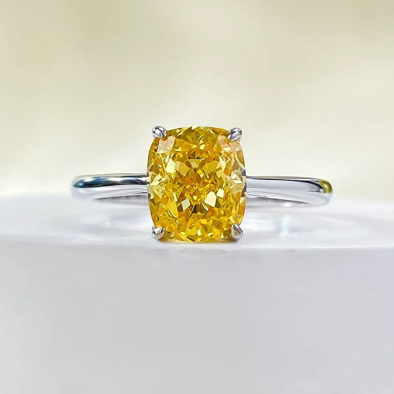 S925 Silver 1.25 Carat Pillow Shaped Yellow Diamond Ring Square Simulated Diamond Ring, Unique Fashion Personality