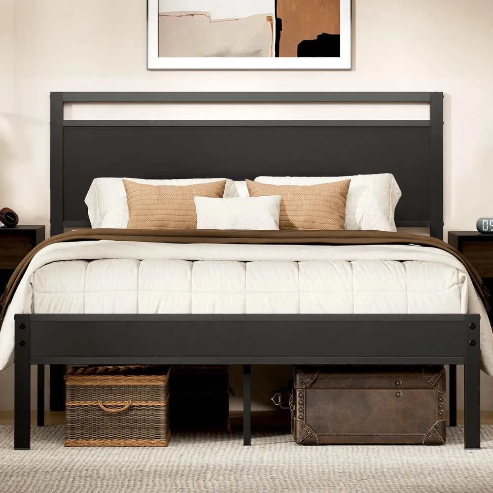 Queen Size Platform Bed Frame with Modern Wood Headboard & Footboard, Heavy Duty Reinforced Metal Frame, Noise-Free Design, Underbed Storage Space, No Box Spring Required