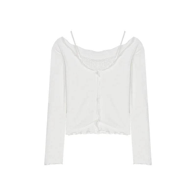 Women's Spring Splicing Sexy Off Shoulder Bottoming T-shirts White Lace Fake Two Piece Elegant Suspender Long Sleeve Short Tops