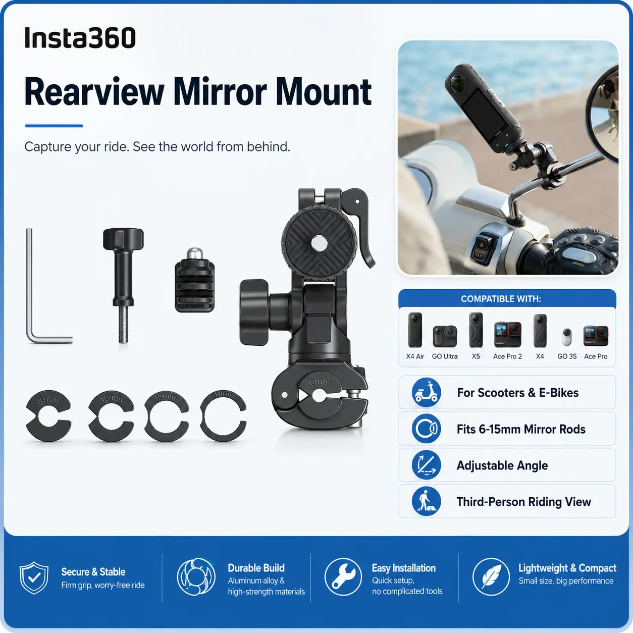 Insta360 Rearview Mirror Mount for X5 X4 Air GO Ultra Ace Pro 2 X4 GO 3S Ace Pro 6-15mm Scooter E-Bike Camera Holder