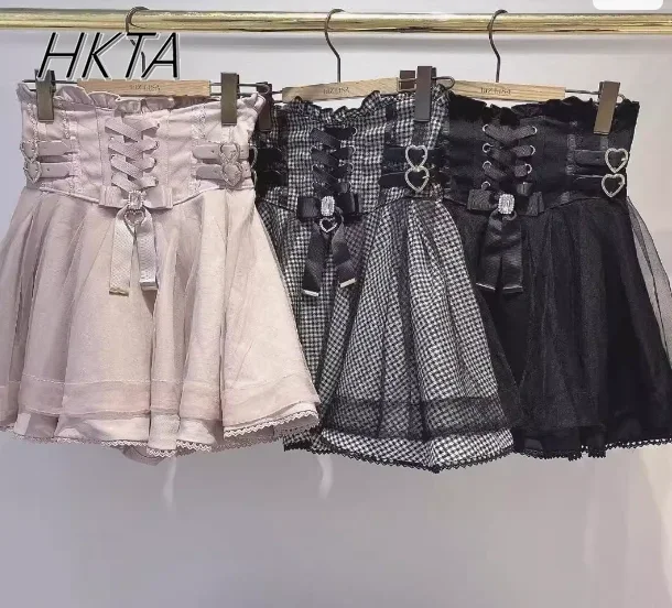 

Mine Series Japanese Mass-produced New Black Skirt Women Falda High Waist Slim Sweet Mesh Belt Buckle Short Skirt Pleated Skirts