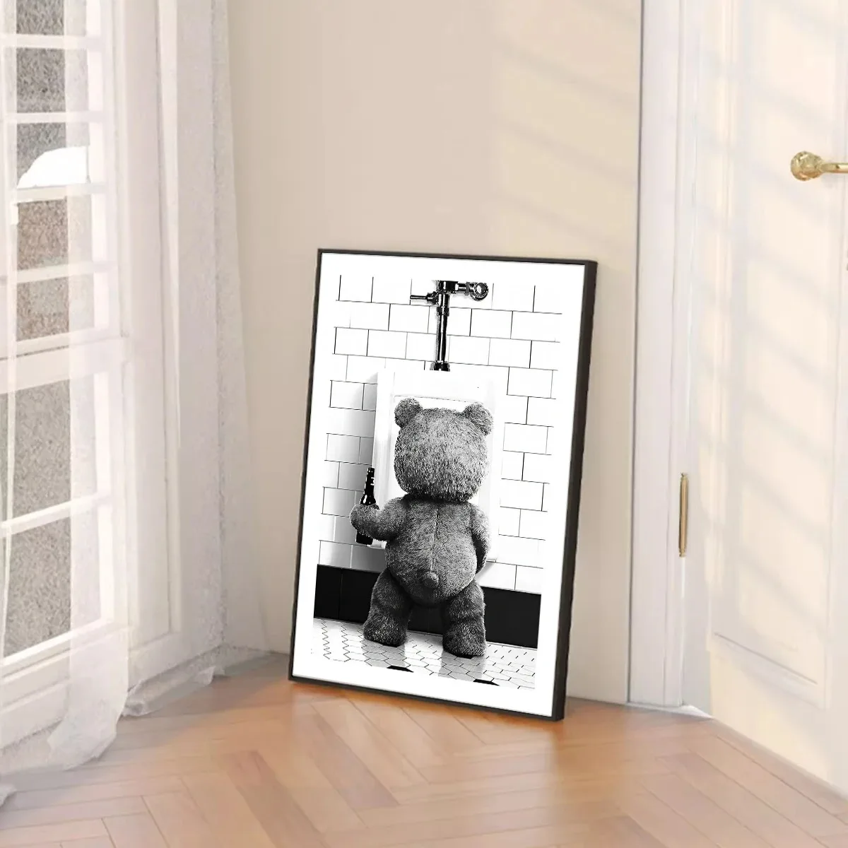 ملصق ديكور حمام دب لطيف بالأبيض والأسود ، لوحة قماشية ، صورة جدارية ، الموضة الحديثة ، فن الغرفة ، ديكور المنزل #2