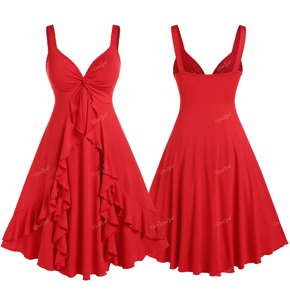 ROSEGAL Plus Size Women Dresses Red Flounce Twist Sleeveless Party Midi Dress Summer High Waist Sweetheart Neck Vestidos 5XL