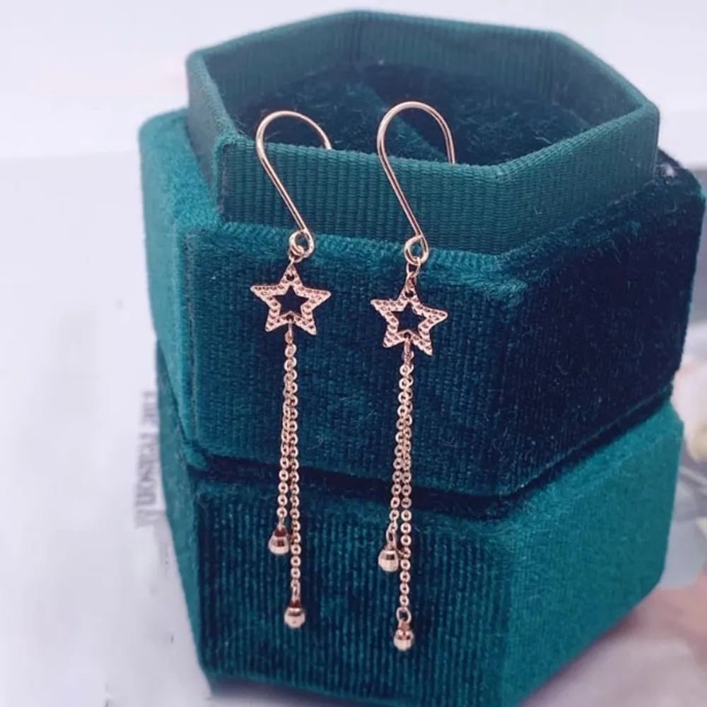 Real Pure 18K Rose Gold Dangle Women Lucky O Link Chain Bead Carved Star Tassel Earrings