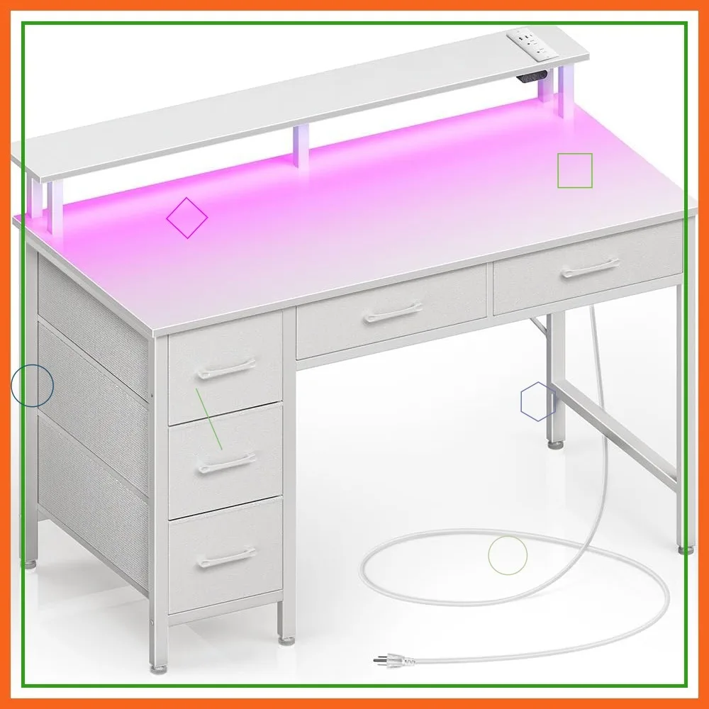 

39-дюймовый белый компьютерный стол с розетками, светодиодной подсветкой, 5 ящиками и подставкой для монитора для домашнего офиса