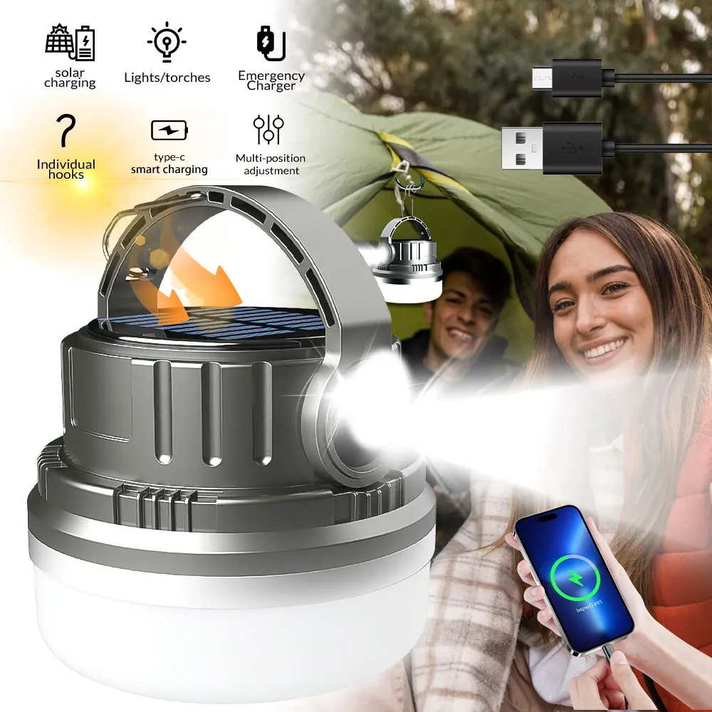 USB Rechargeable LED Camping Lights Built-in Battery Solar Light Outdoor Camping Tent Hanging Lantern Emergency Power Bank