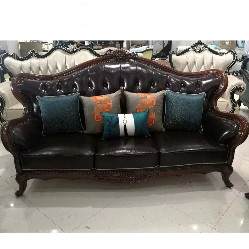 Retro country leather sofa, villa living room simple and beautiful wood carving flowers