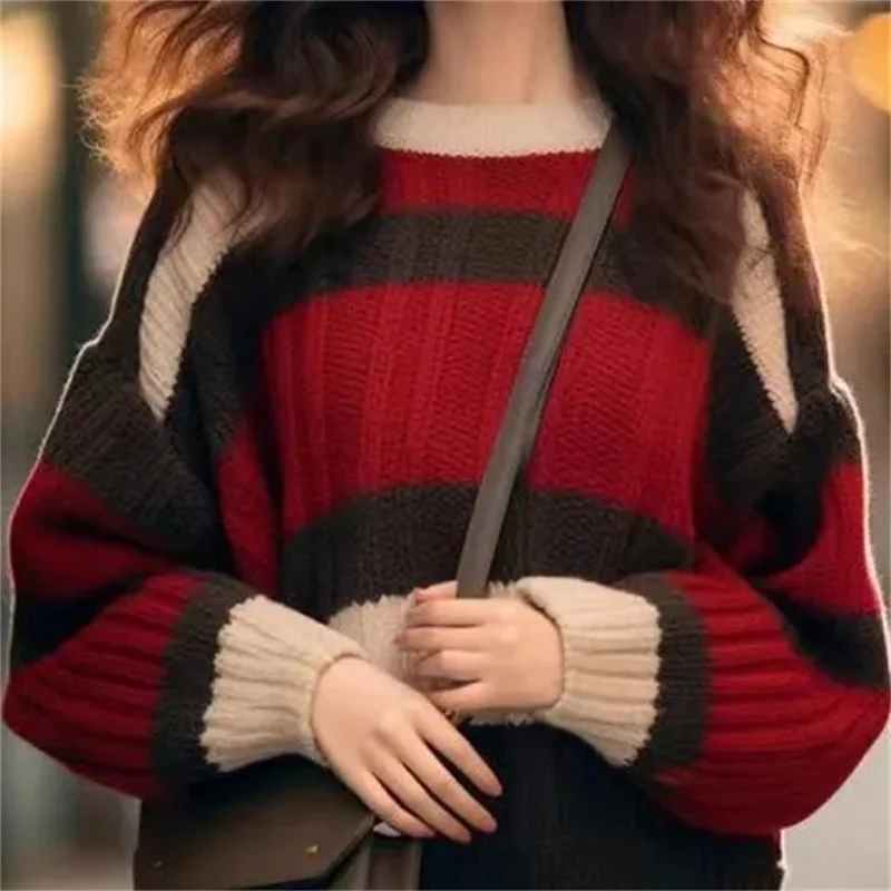 

High End Striped Sweater With Contrasting Colors Women's Lazy 2025 New Style Loose Round Neck Western-Style Knit Sweater Trendy