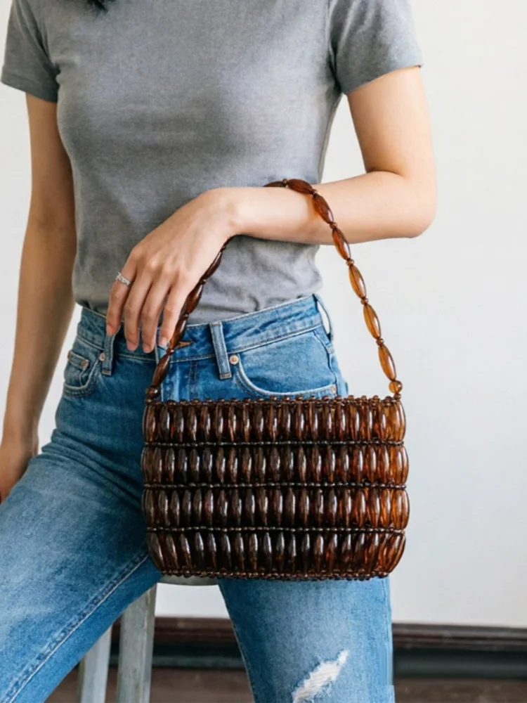 New Crystal Amber Brown Handmade Acrylic Bead Bag Creative Olive Bead Shoulder Bag Vacation Style Hollowed Out Handbag