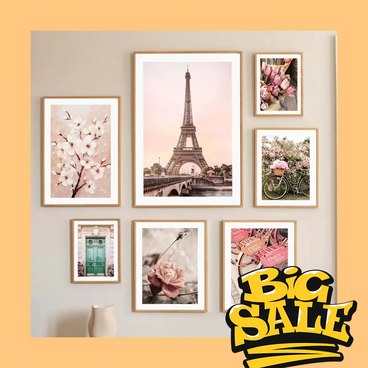 Pedal Through Pink Paris – Eiffel Tower Bicycle Cherry Blossom Rose Frameless Canvas for Living Room Wall Decor 2026