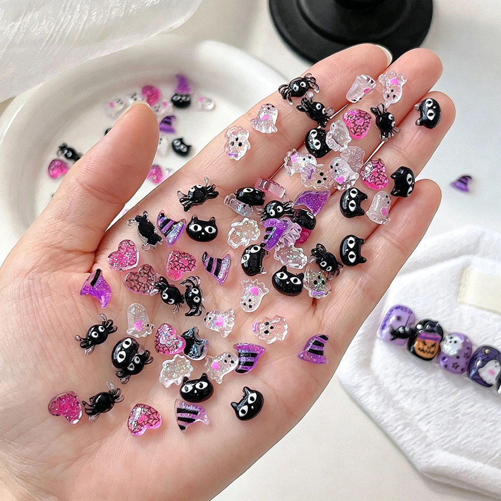 50Pcs Mixed Ghost Spider Cat Head Magic Hat Nail Charms Spider-Web Heart Halloween Nails Art Decorations Halloween Manicure Part
