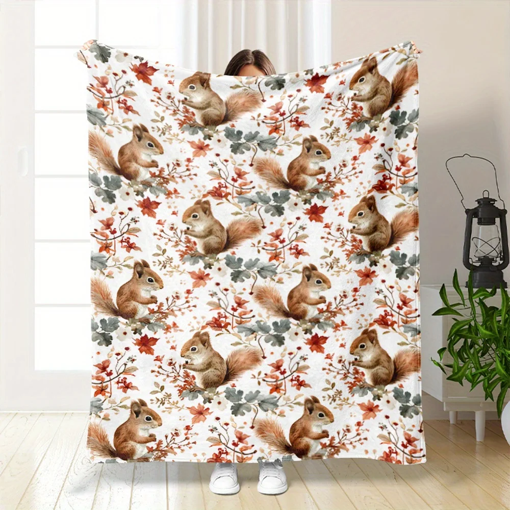 Cozy Squirrel-Themed Lightweight Throw Blanket Warm, Tear-Resistant Polyester for All Seasons, Perfect for Sofa & Bed